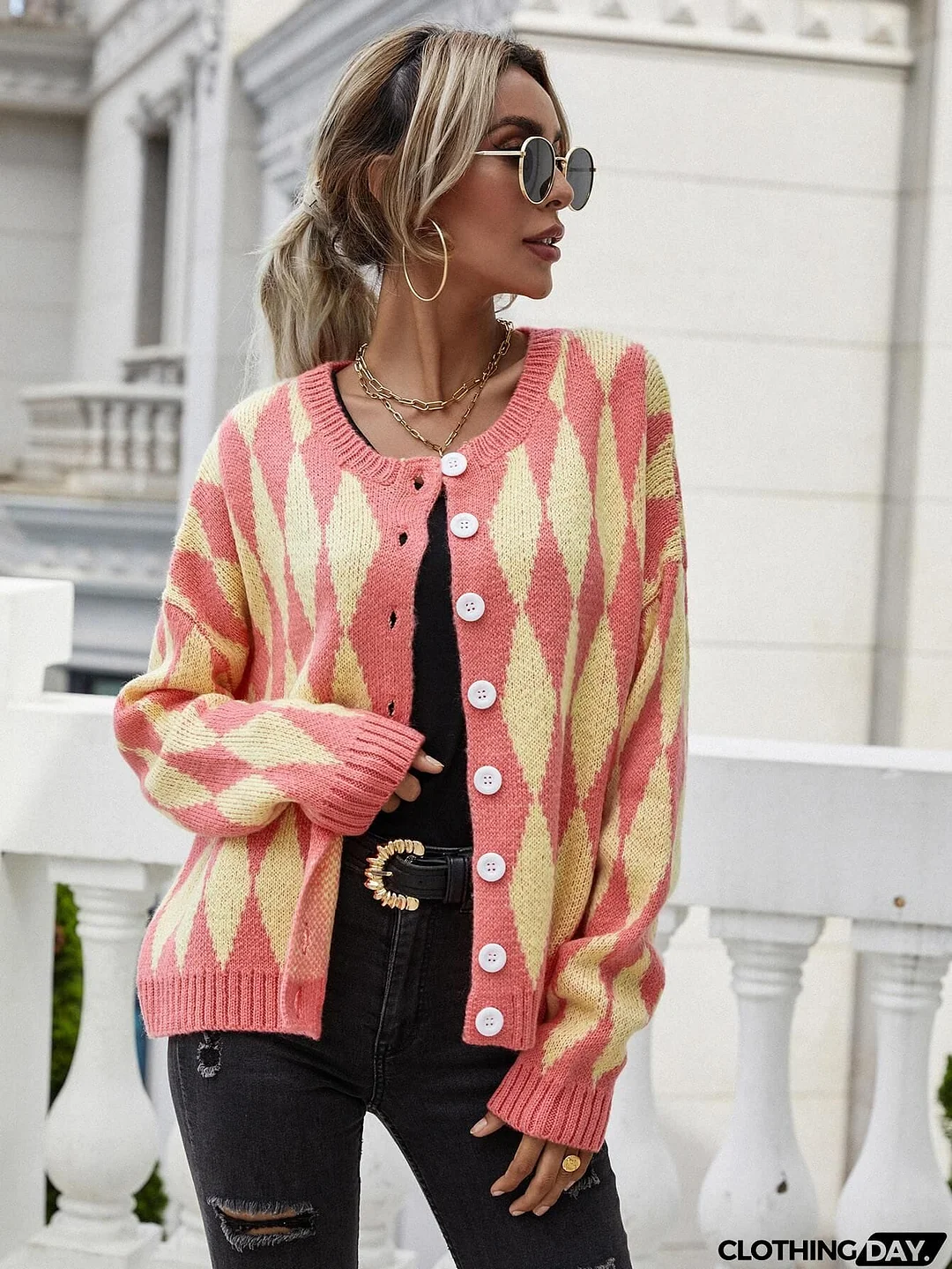 Argyle Button Front Drop Shoulder Cardigan