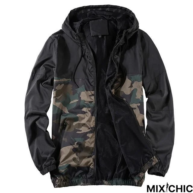 Men's New Youth Camouflage Patchwork Hood Coat Slim Fit Jacket