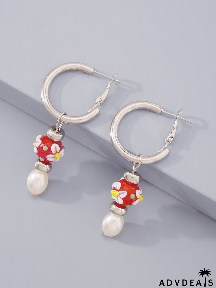 Flower Detail Bead & Faux Pearl Drop Earrings
