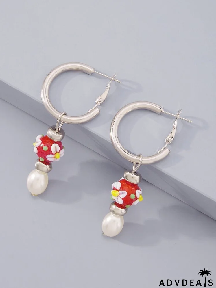 Flower Detail Bead & Faux Pearl Drop Earrings