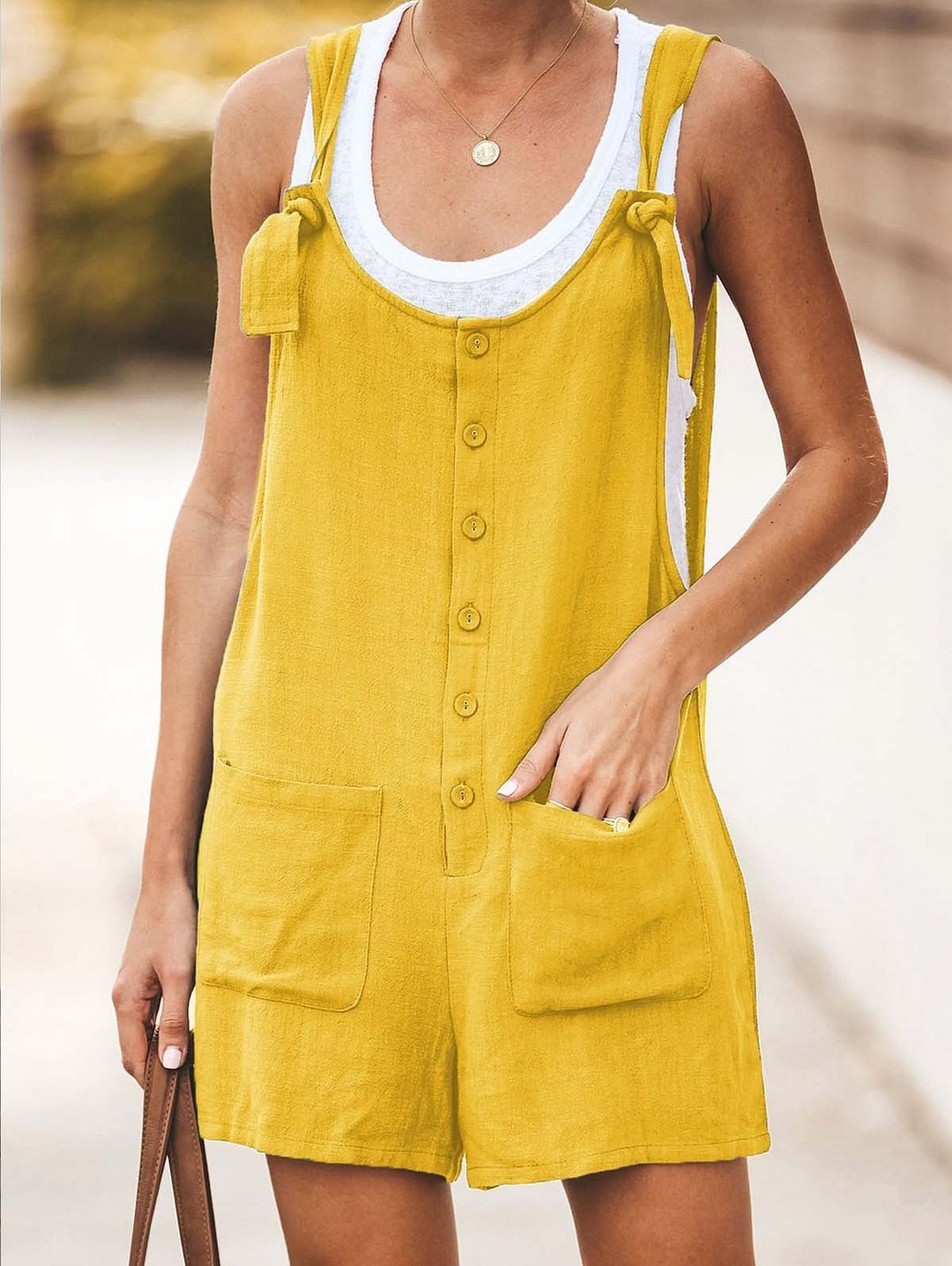 Solid U Neck Button Adjustable Patched Pocket Pinafore Shorts