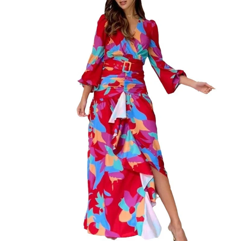 Uveng Uveng Spring New Women's Retro Print Deep V Open Fork Dress Dress Dress Dress