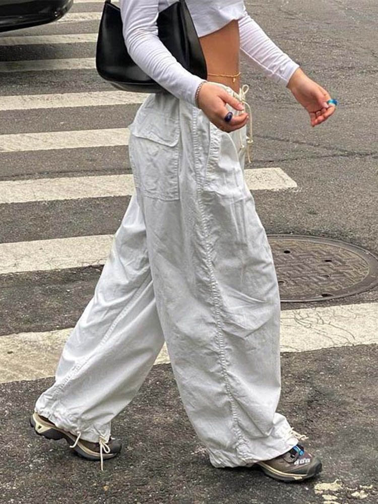 Casual Baggy Wide Leg Sweatpants White Loose Drawstring Low Waist Streetwear Cargo Pants Womens Hippie Joggers Trousers