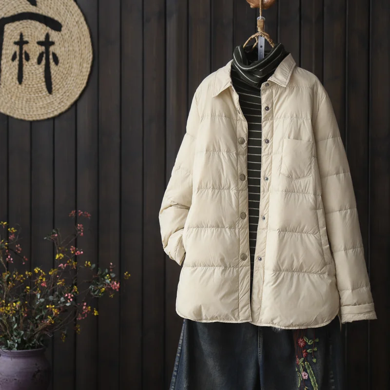 Toloer Literary Pure Color Shirt Collar Light Down Jacket Shirt Female Autumn And Winter 2024 New White Duck Down Fashion Down Jacket Coat-Outfit Ideas