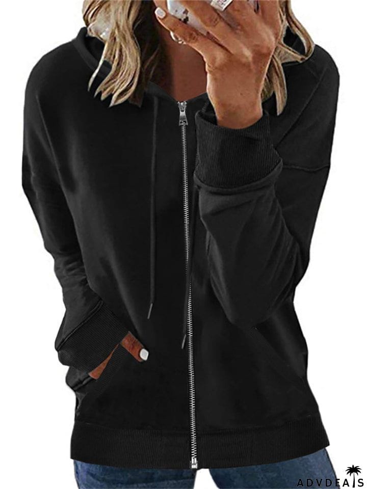 Casual Long Sleeve Solid Color Zipper Hoodies
