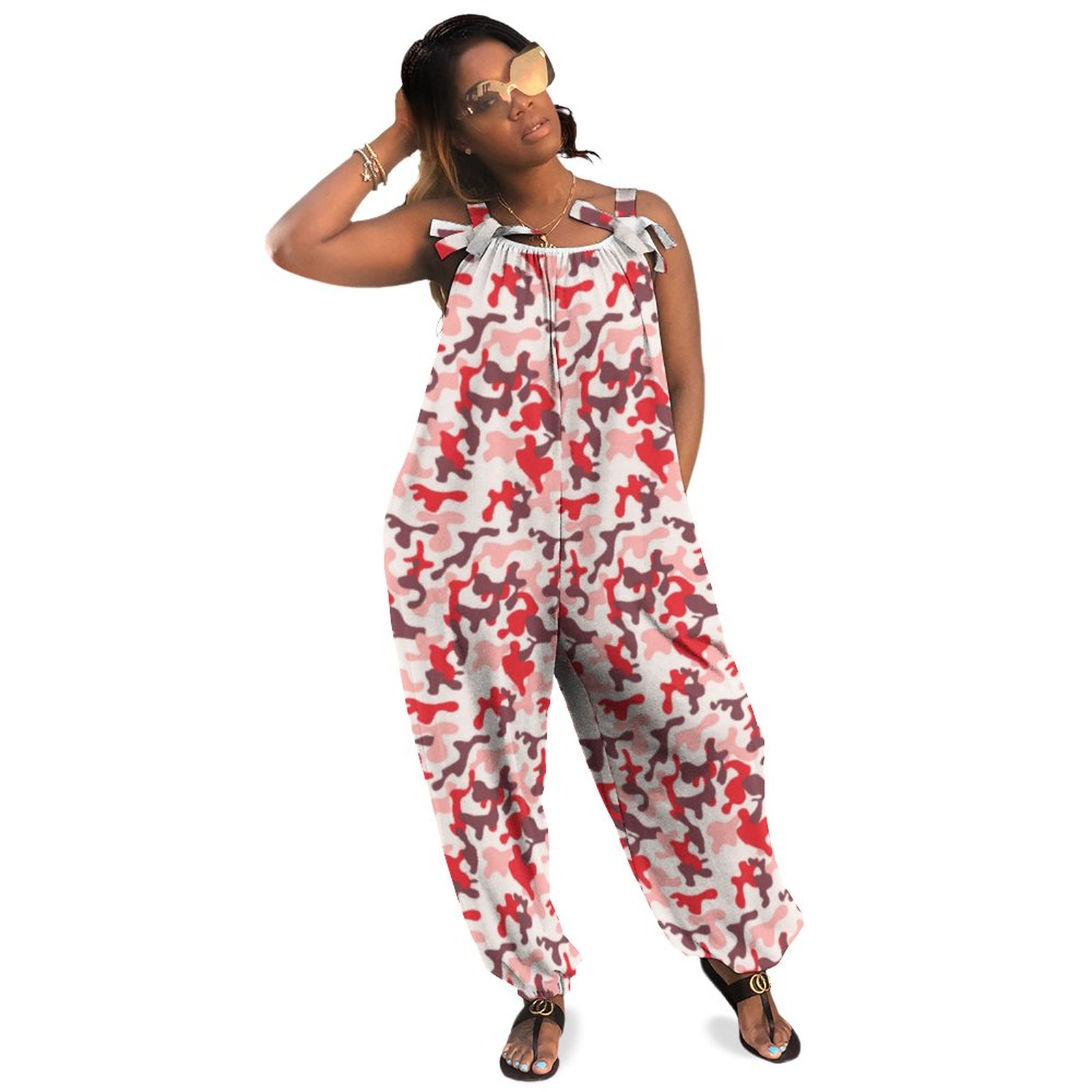 Burgundy Red Pink Camouflage Plus Size Women Rompers Summer Casual Loose Envelope Jumpsuit Overalls Boho Style Pockets Polyester Spandex