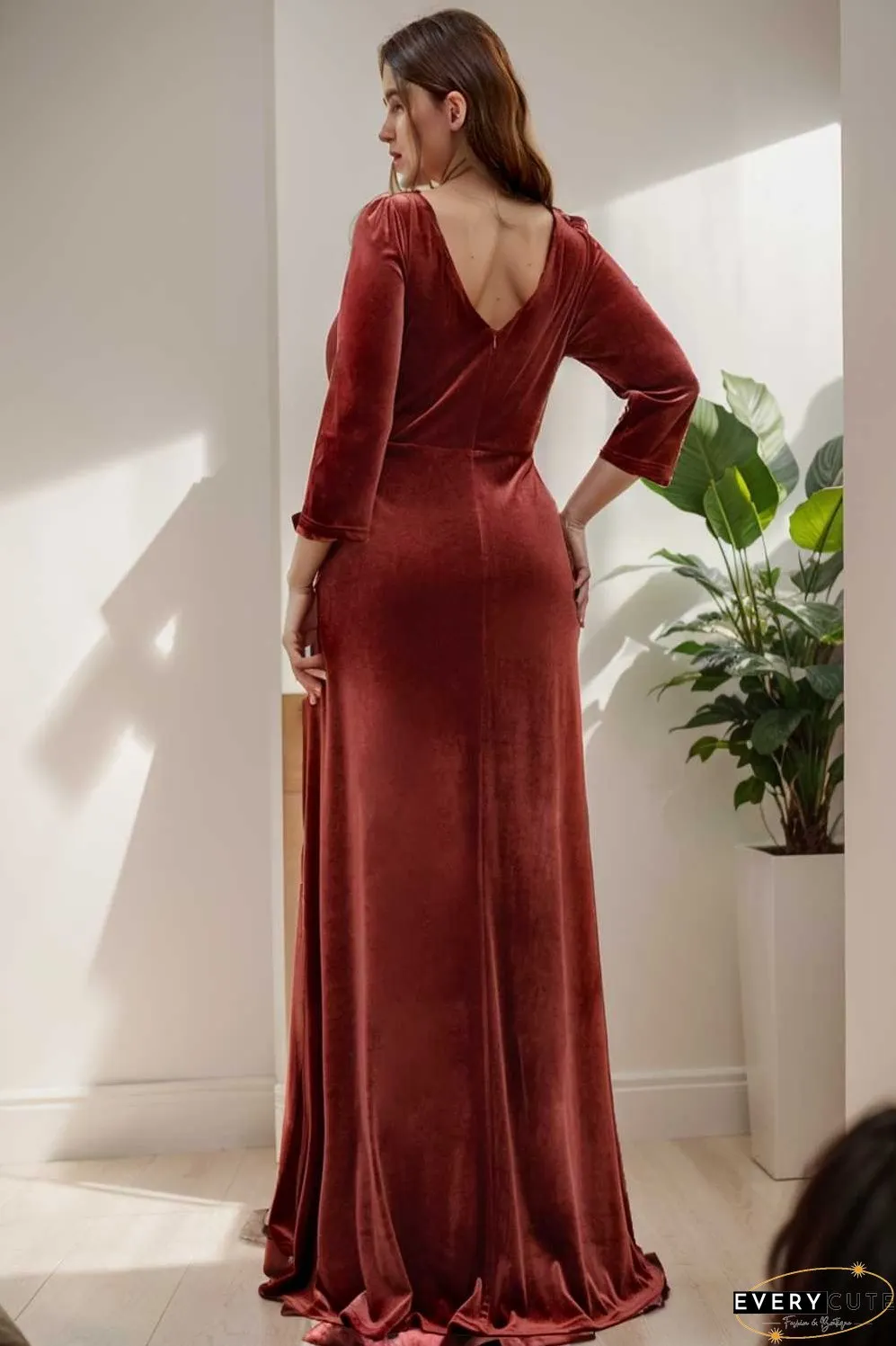 velvet 3 4 length sleeve illusion v neck front slit evening dress