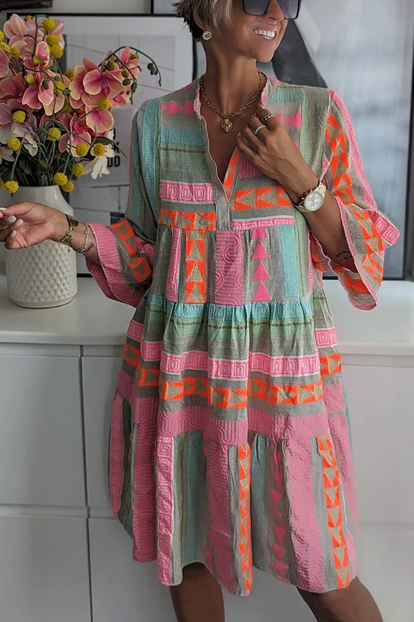 Women's Boho Dress Ethnic Tribal Print Mid Sleeve Mini Dress