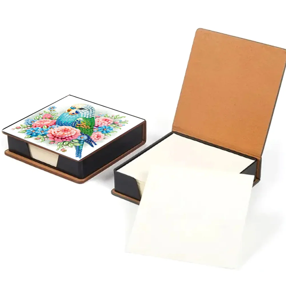 DIY Flower Parrot Leather Diamond Art Note Box with 160 Sheets of Paper for Beginners