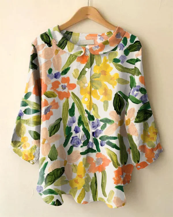 Vintage Floral Print Long Sleeve Peter Pan Collar Shirt