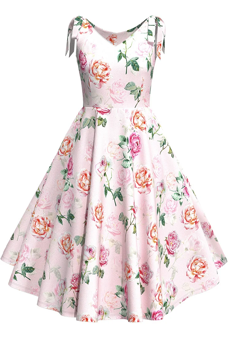 1950s Pink Party Rose Print Tie Shoulder Straps Sweetheart Neck Side Pocket Swing Flare Midi Dress [In Stock]