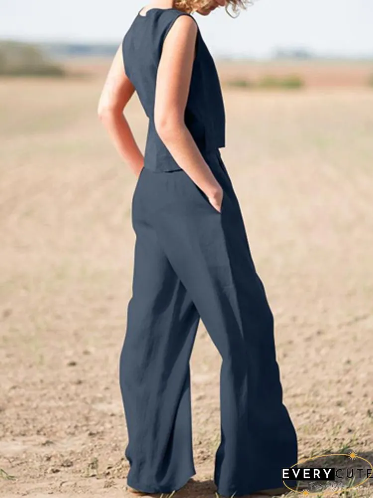 Solid Sleeveless Blouse Pants Set