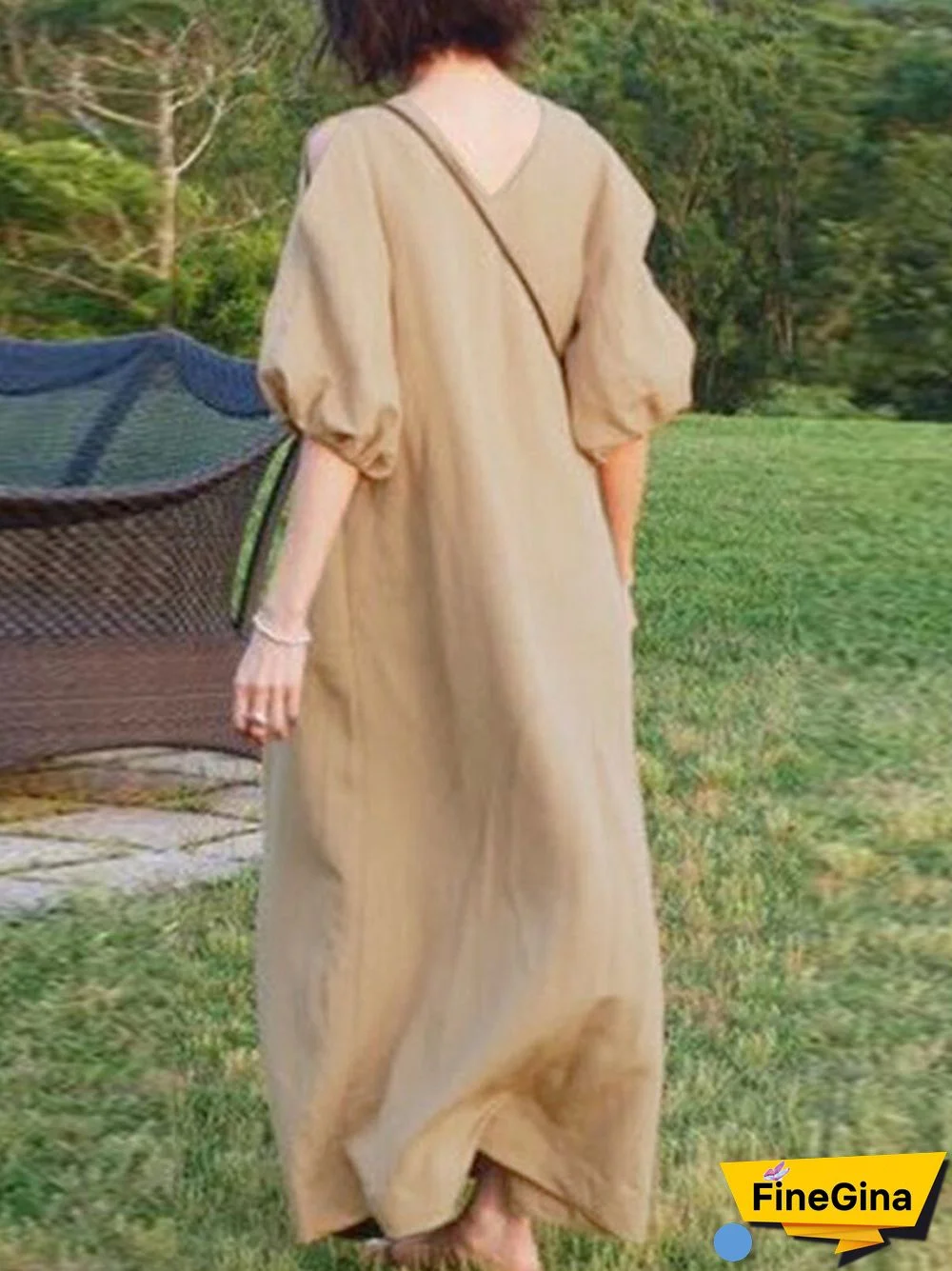 Solid Color Half Puff Sleeve O-neck Maxi Dress