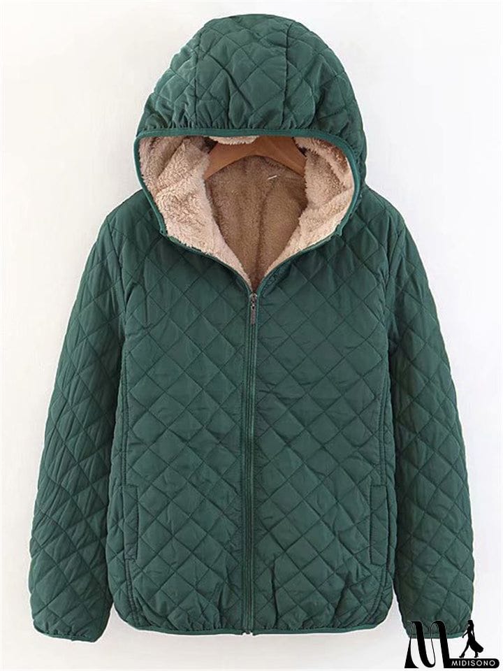 MidiSono - Women's Sports Style Solid Color Plush Liner Short Coat with Hood