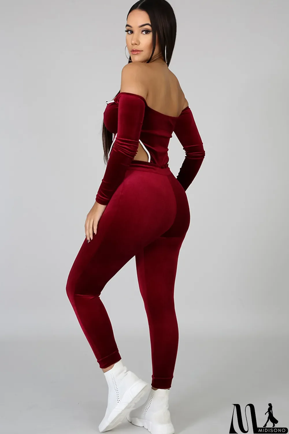 MidiSono - purple Polyester Sexy Solid Two Piece Suits pencil Long Sleeve Two-piece Pants Set