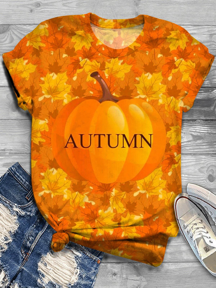 Maple Leaf Pumpkin Autumn Crew Neck T-Shirt