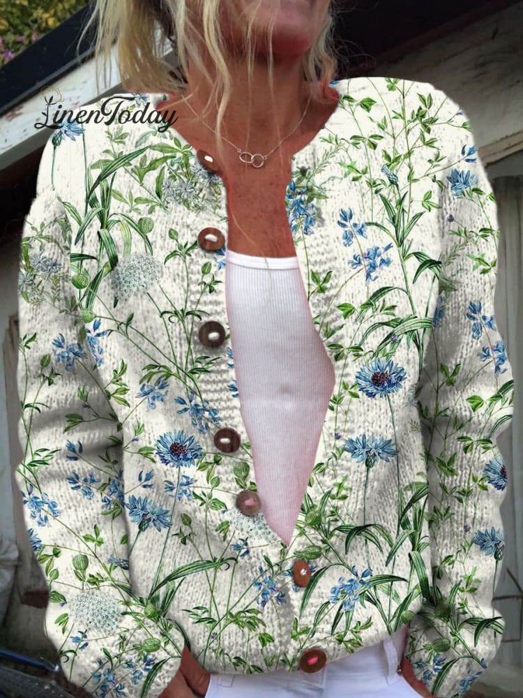 Vintage Flower Art Print Buttoned Cardigan Sweater Multicolor / S