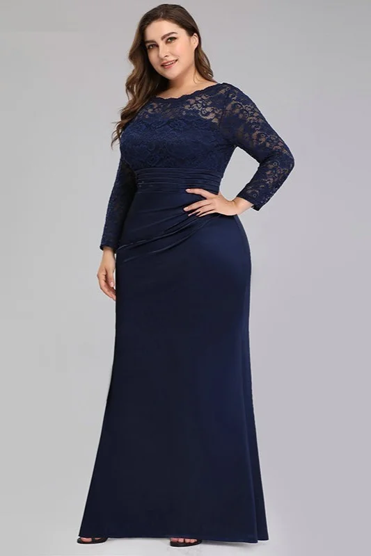 Navy Blue Long Sleeve Lace Mermaid Plus Size Evening Prom Dress