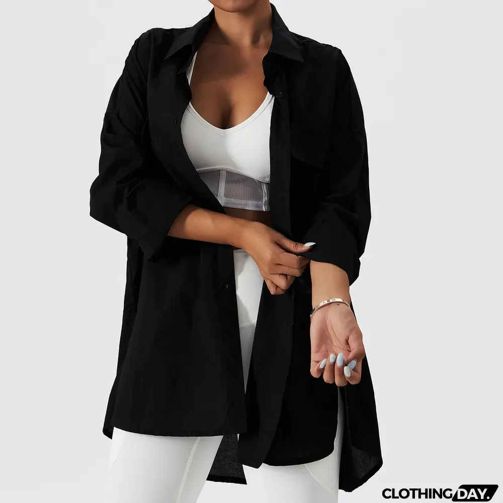 Casual Outdoor Spring Sports Shirt Women'S Cardigan Maxi Turndown Collar Loose Long-Sleeved Shirt