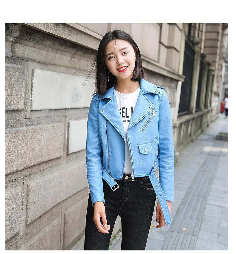 Ftlzz Pu Leather Jacket Women Fashion Bright Colors Black Motorcycle Coat Short Faux Leather Biker Jacket Soft Jacket Female