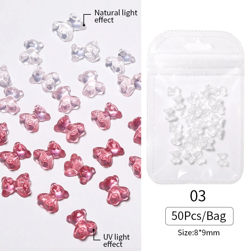 48pcs Mixed Size Aurora Little Bear Nail Art Accessories Resin Kawaii Bear Stereo FlatBack 3D Fashion Fingernail DIY Decoration-Nail Inspo