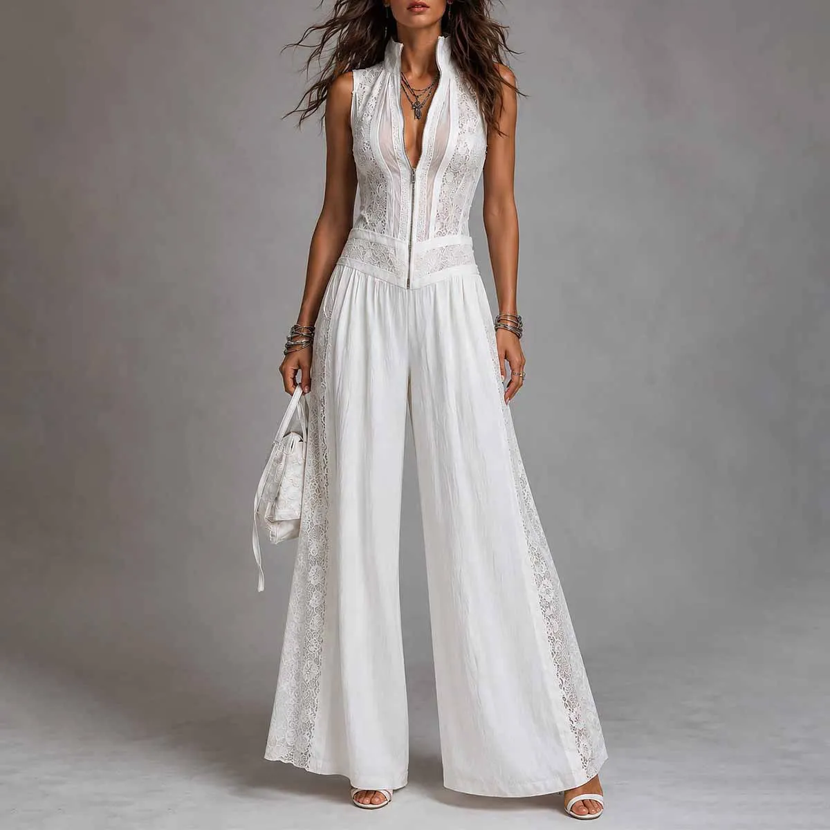 Women Sleeveless Lace Zip Front Wide Leg Jumpsuit 