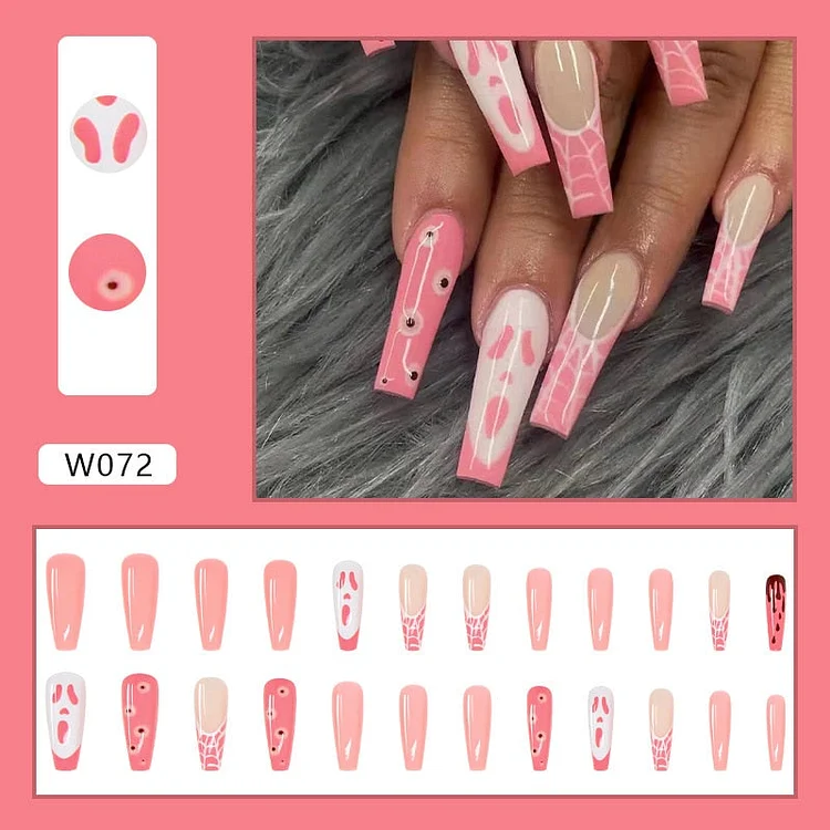 Long Coffin False Nails Grimace Pink French Ballerina Fake Nails Lady Full Cover Nail Tips Women Heart Lattice Press On Nails