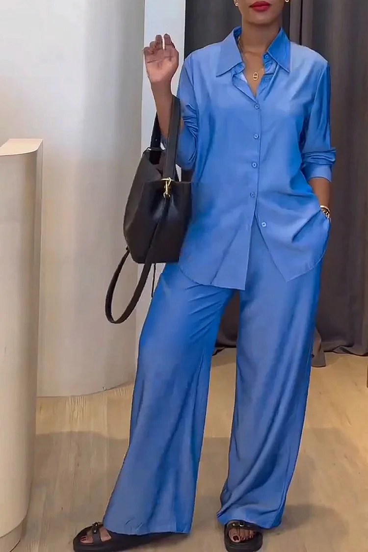 Plus Size Vacation Blue Casual Shirt Collar Long Sleeve Pocket Two Piece Pant Sets [Pre-Order] 2024 - Xpluswear