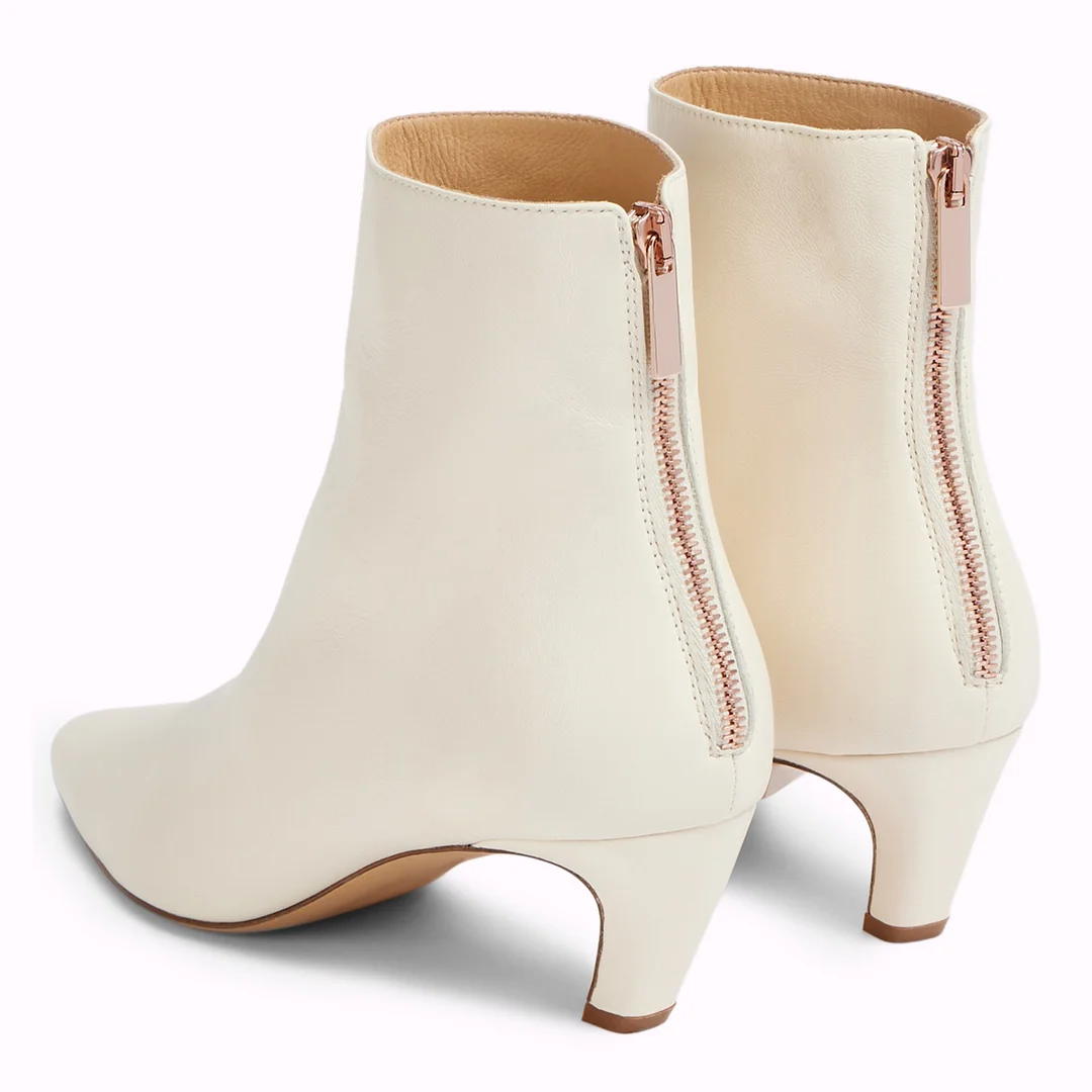 Ivory Vegan Leather Pointed Back-Zip Ankle Boots with Kitten Heel