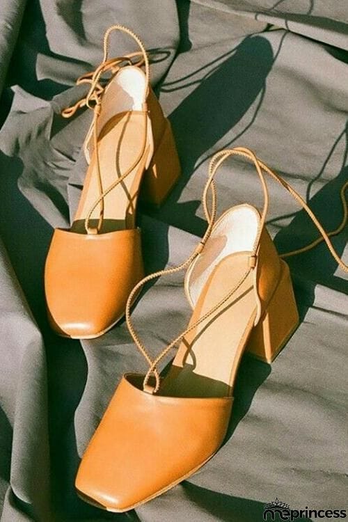 Square Toe Lace Up Thick Heel Pumps