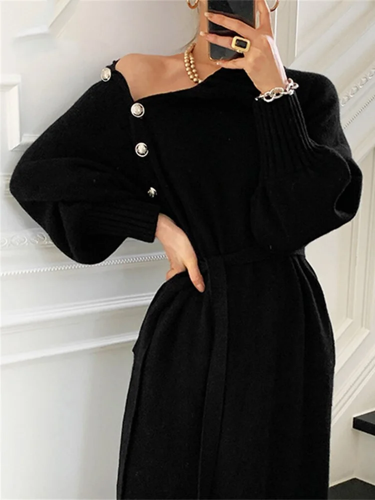 Knitted Sweater Dress Women Solid Pullover Ladies Turtleneck Long Sleeve Lace-up Skirts Female Loose Fashion Jumpers Dress