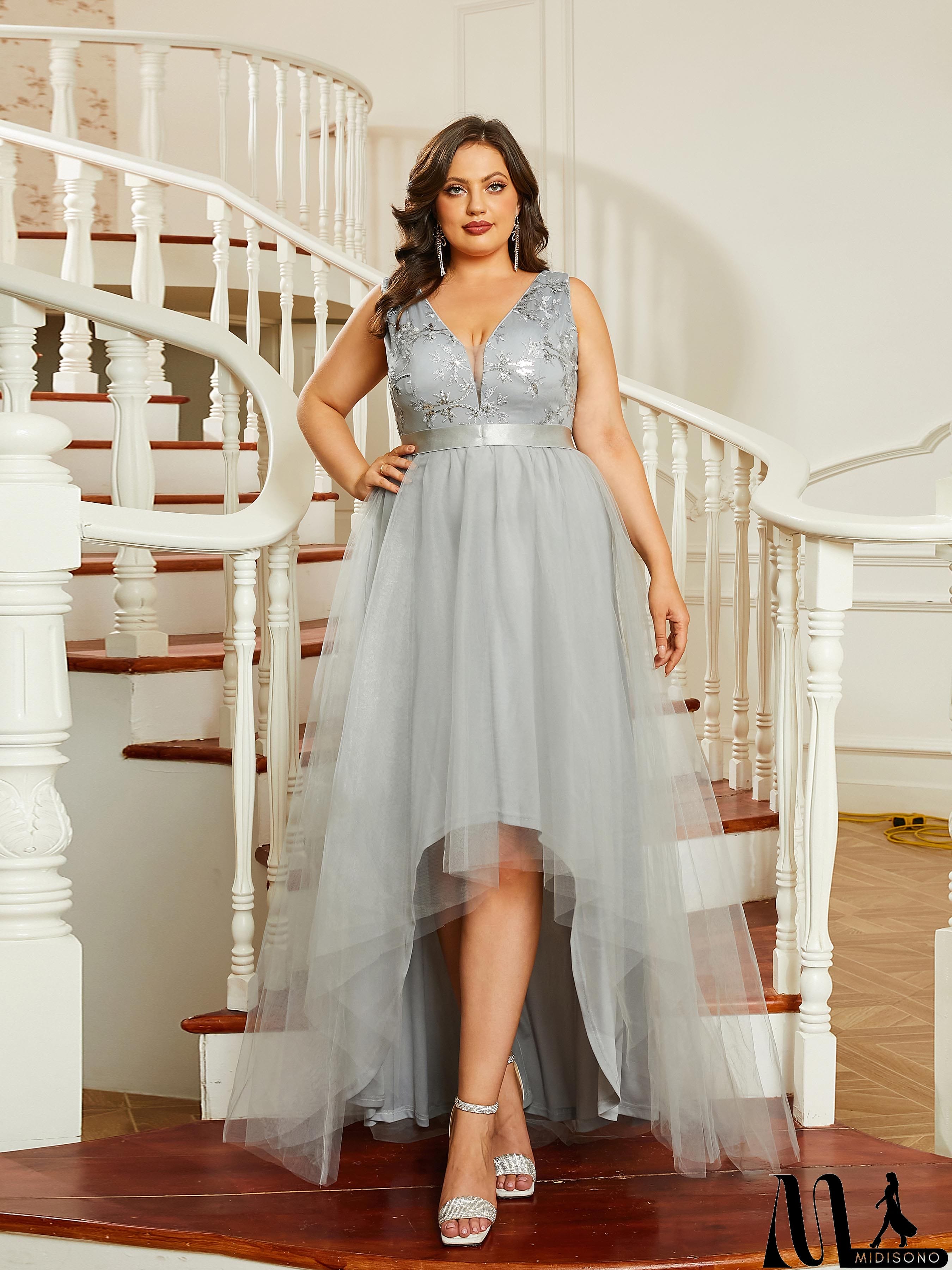 MidiSono - Plus Size Asymmetric V-Neck A-Line Backless Prom Dress PRJ10336