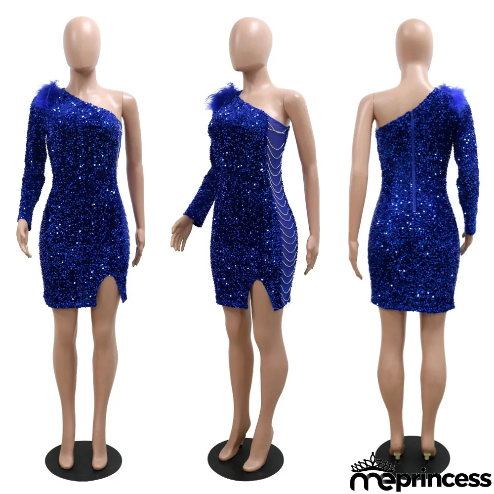 Sexy Sequin One Shoulder Split Mini Dress