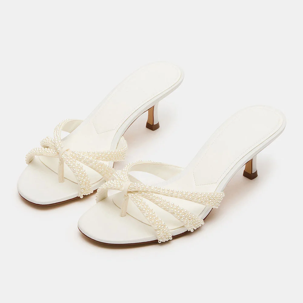 White Open Toe Pearl Decor Strap Slide Sandals with Spool Heel
