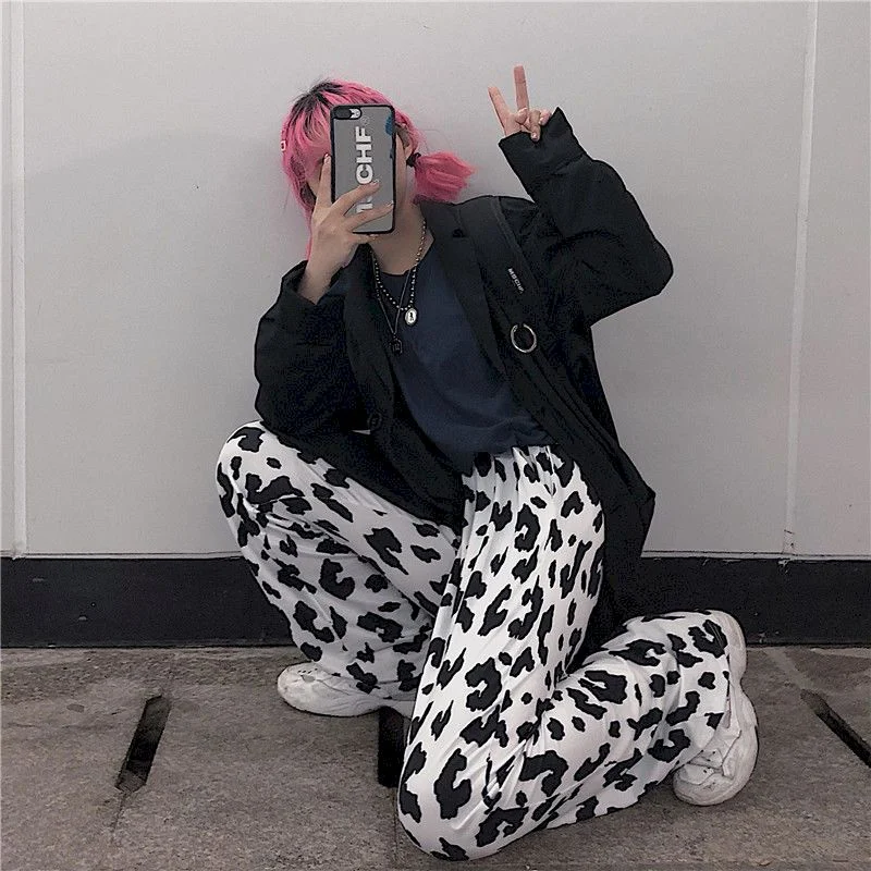 NiceMix high waist pants women cow print sweatpants womans wide leg straight plus size casual streetwear trousers Ankle-Length