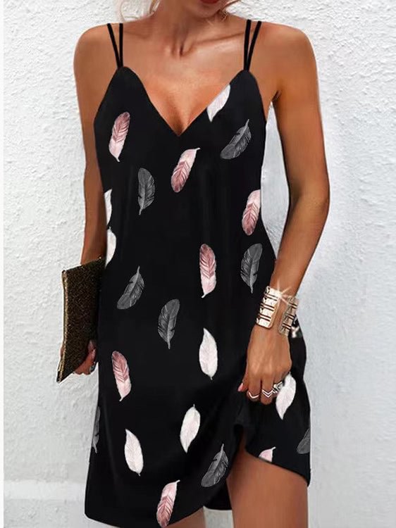 Women's Feather Printed V Neck Suspender Dress