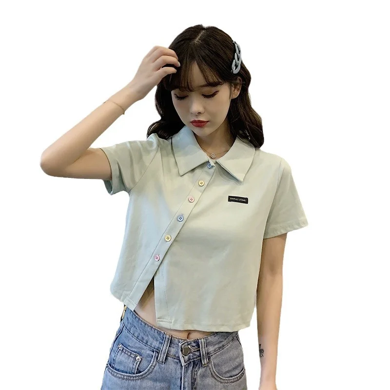 Uveng Uveng Cotton 2024 Summer New Polo Shirt Short-Sleeved T-Shirt Female Slim High Waist Lapel Short Style Student Jacket Tide