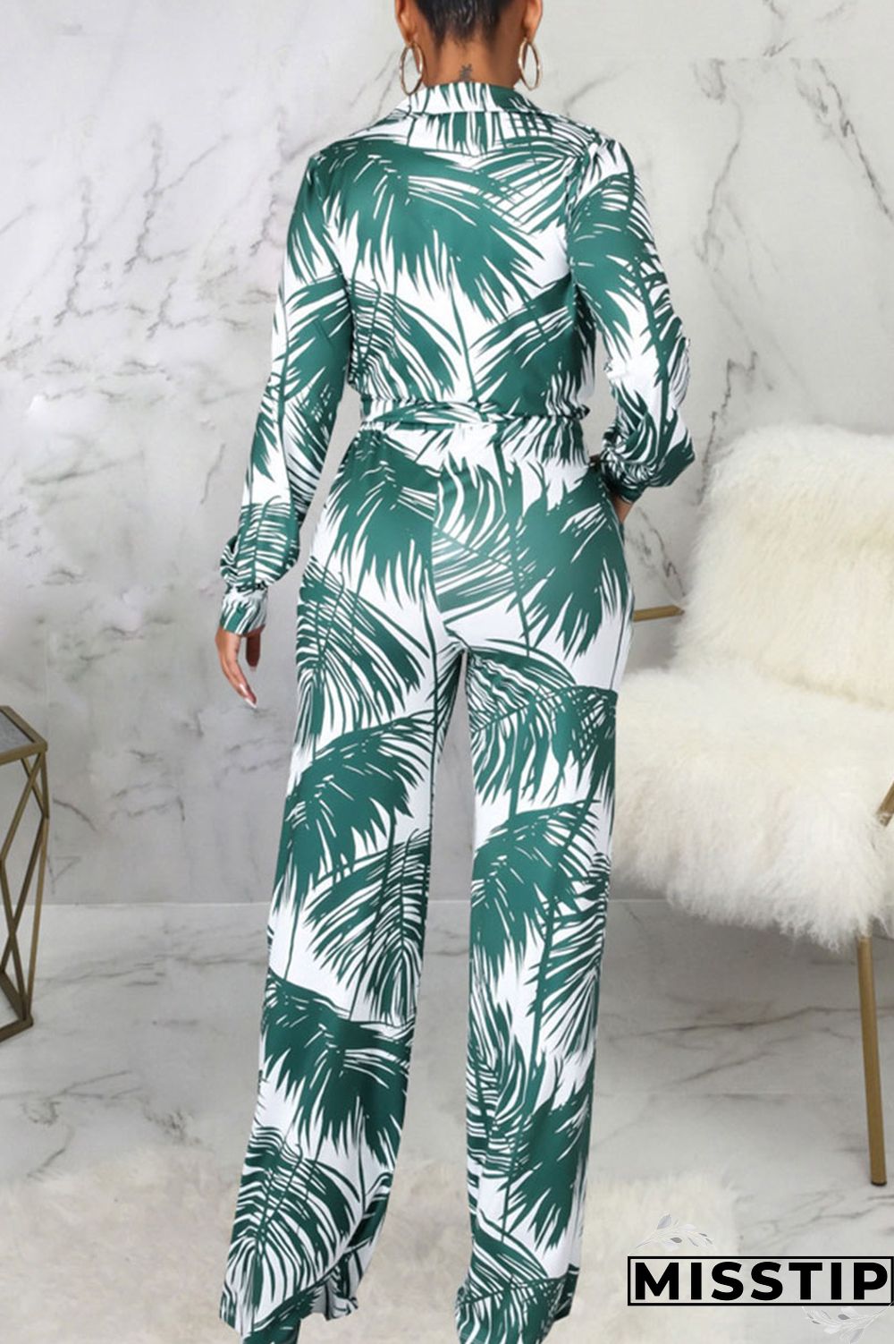 Cyan Casual Print Bandage Patchwork Turn-back Collar Long Sleeve Two Pieces