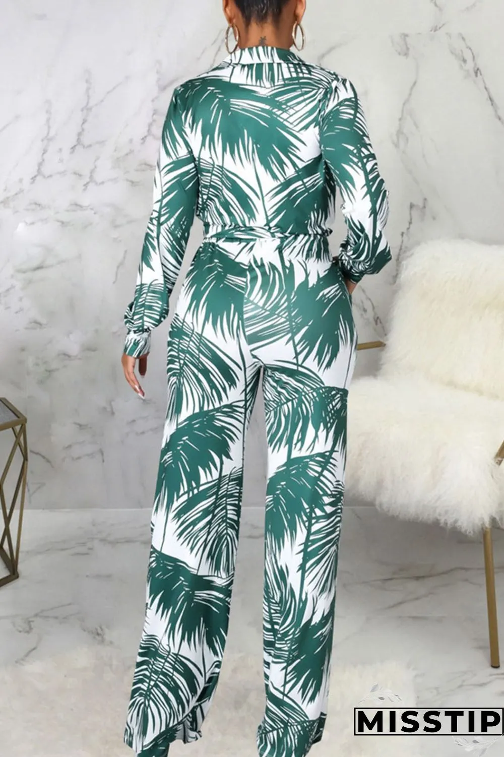 Cyan Casual Print Bandage Patchwork Turn-back Collar Long Sleeve Two Pieces