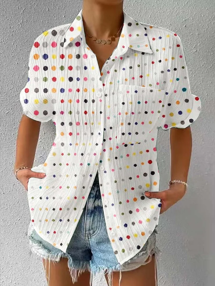 WomenS Artistic And Interesting Irregular Polka Dot Pattern Short-Sleeved Textured Shirt