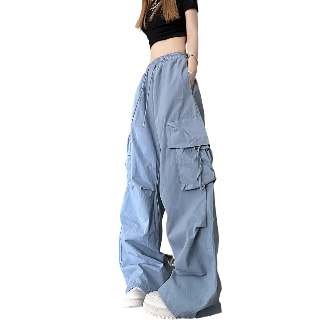 Uveng Uveng Speed Dry Cargo Pants Female Stereo Pocket High Waist Straight Tube Wide Leg Ribbon Loose Casual Floor Trousers
