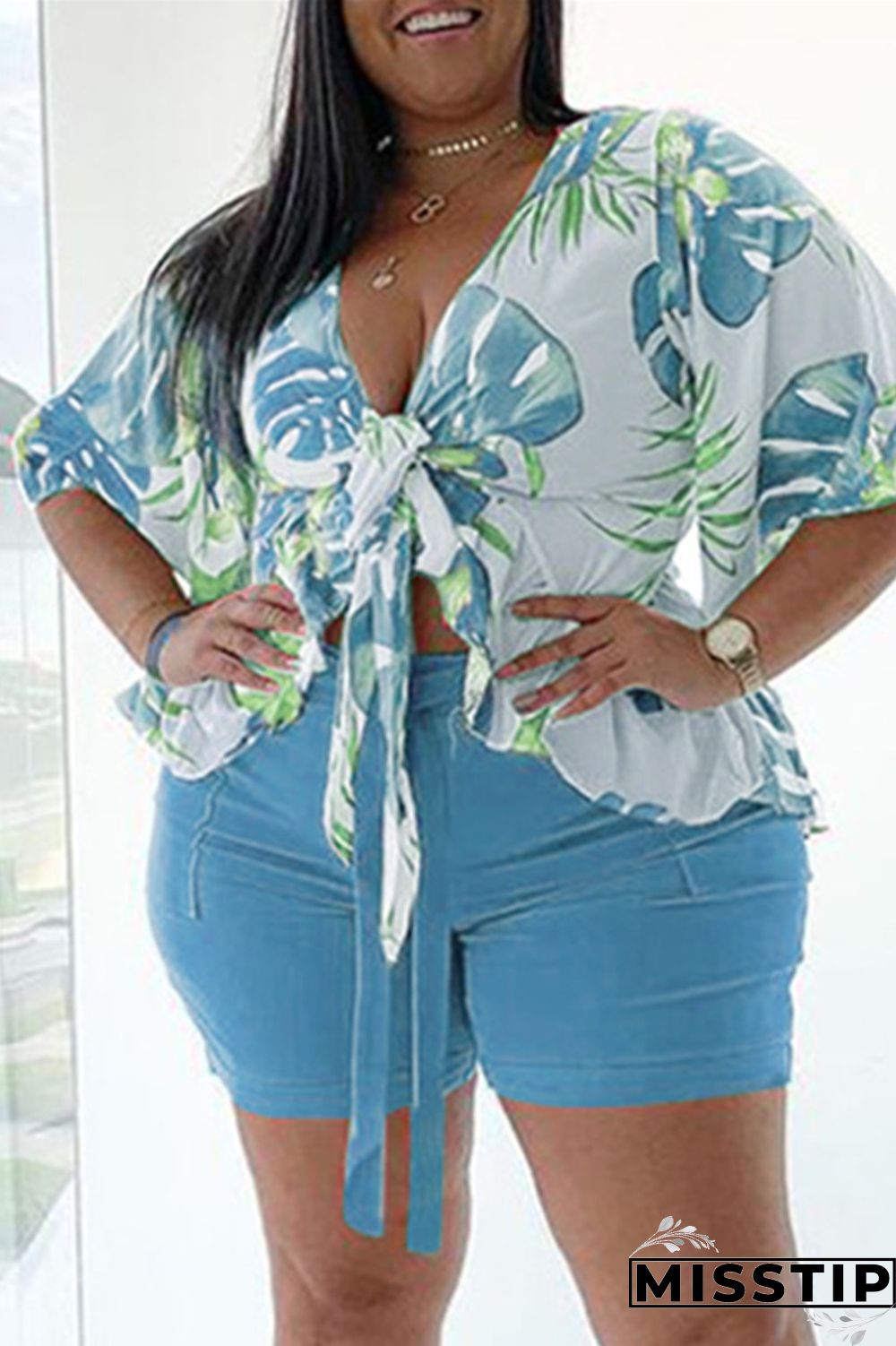 Dark Blue Fashion Casual Print Basic V Neck Plus Size Two Pieces
