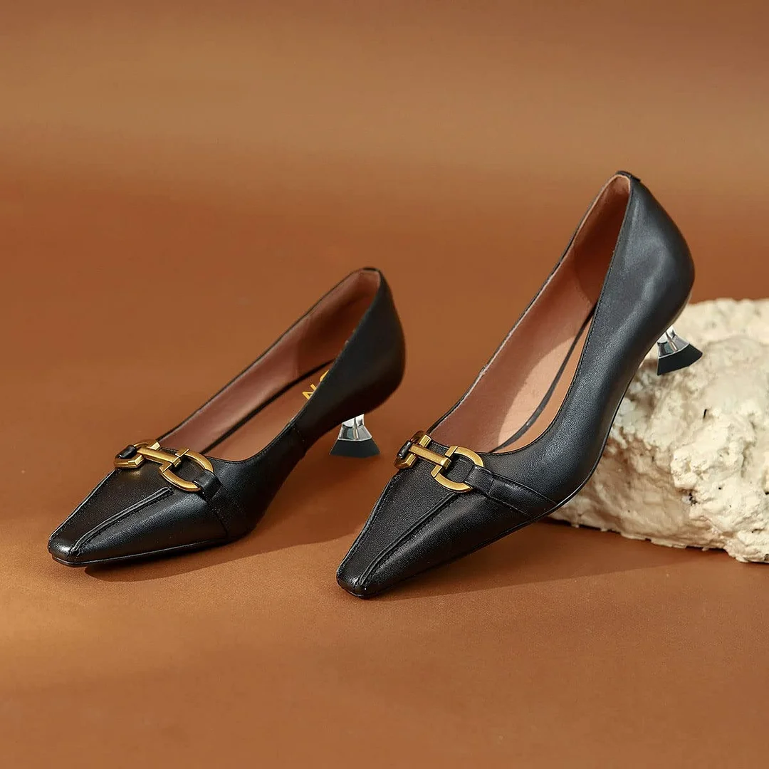 Pointed Toe Slip On Low Kitten Heel Horsebit Black Pumps for Women