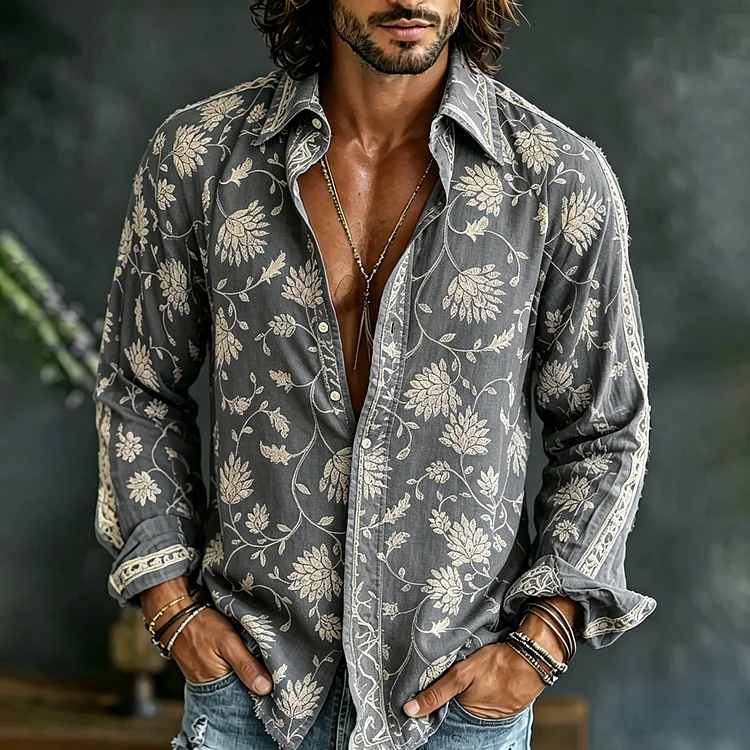 Men's Vintage Floral Embroidered Art Print Flowy Linen Blend Casual Shirt