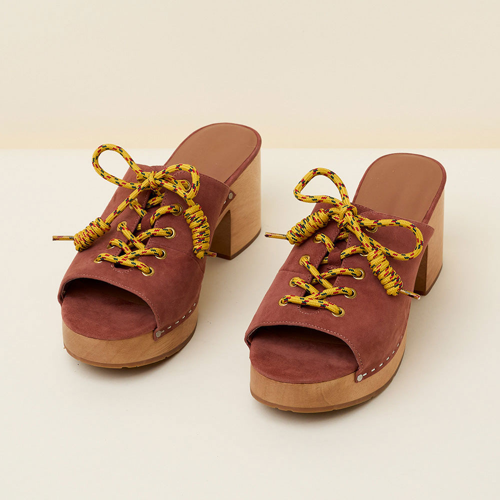 Brown Vegan Suede Round Toe Platform Lace Up Block High Heel Mules Nicepairs