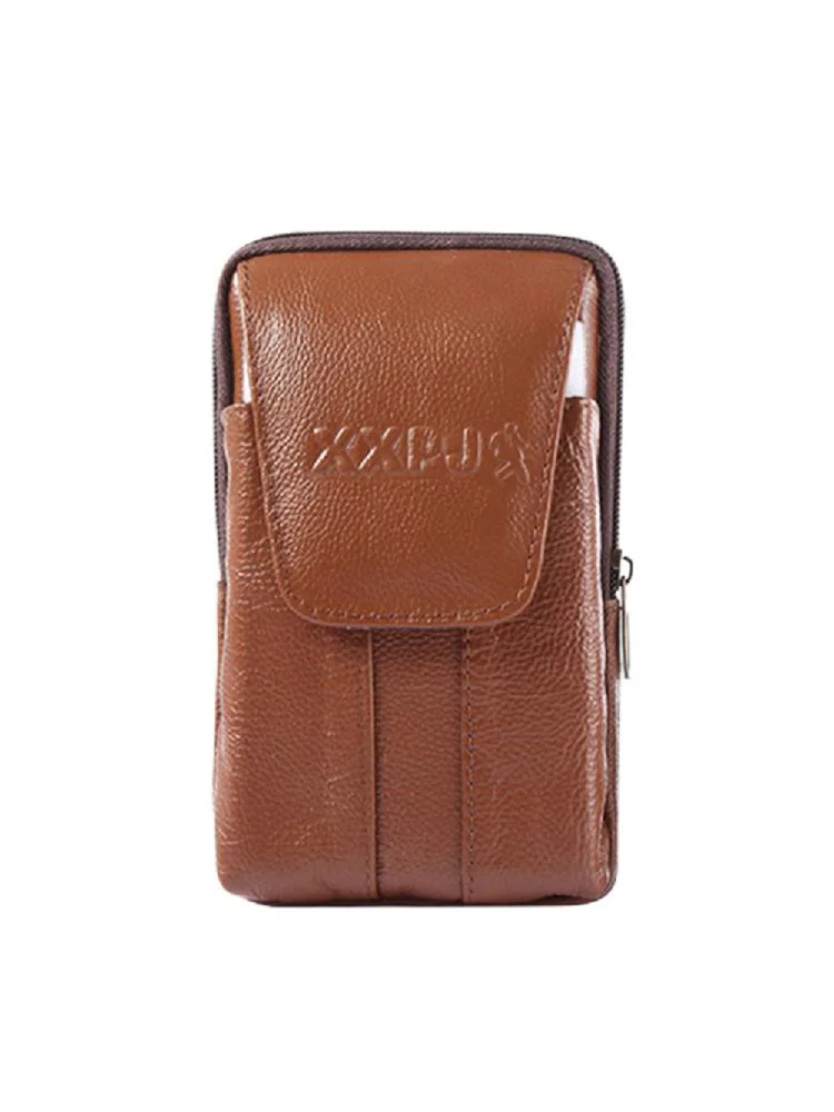 Men Cowhide Leather Fanny Waist Bag Solid Phone Purse Belt Pouch (Brown)