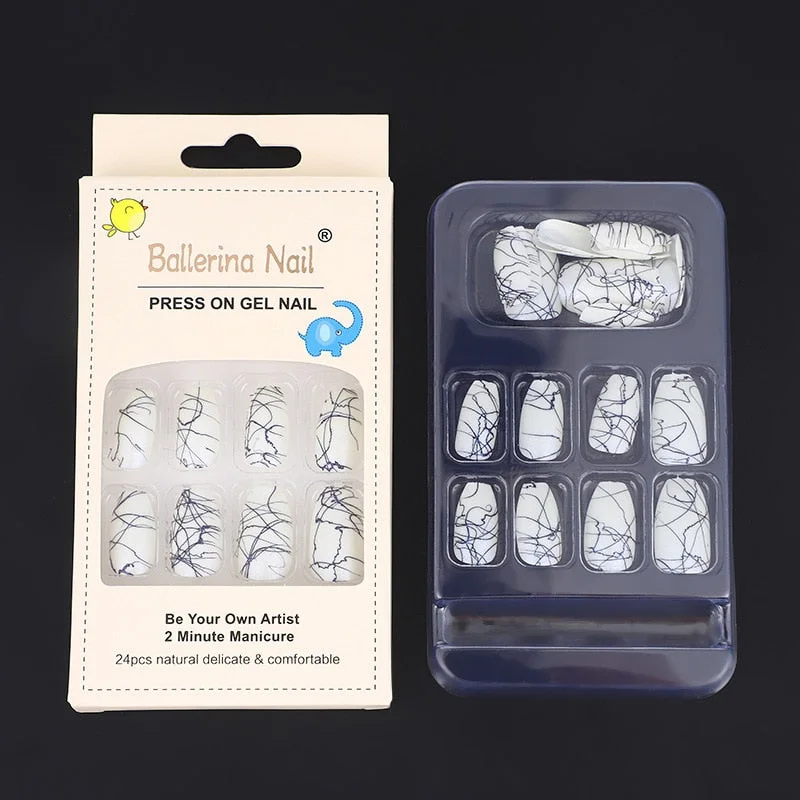 24pcs Short Long Full Cover Press on Fake Nails with Glue Boxed False Nails with Designs Coffin for Manicure DIY 2021