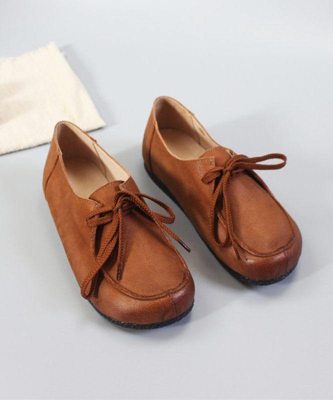 Soft Flat Shoes Brown Cowhide Leather Loafers For Women