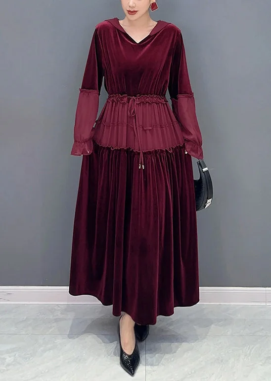 Elegant Wine Red Ruffled Lace Up Patchwork Velour Long Dresses Fall