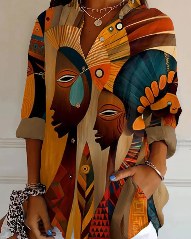 Classic Tribal Color Contrast Illustration Long Sleeve Shirts